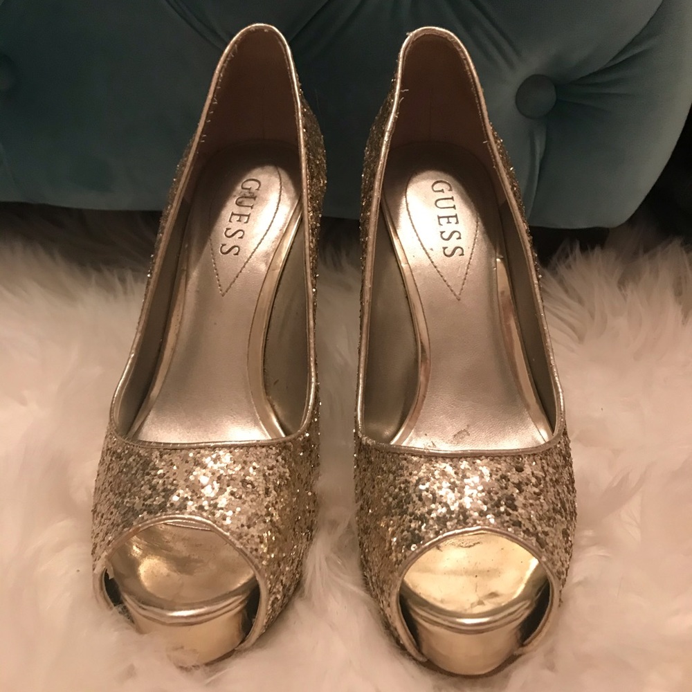 Guess gold glitter platform heels